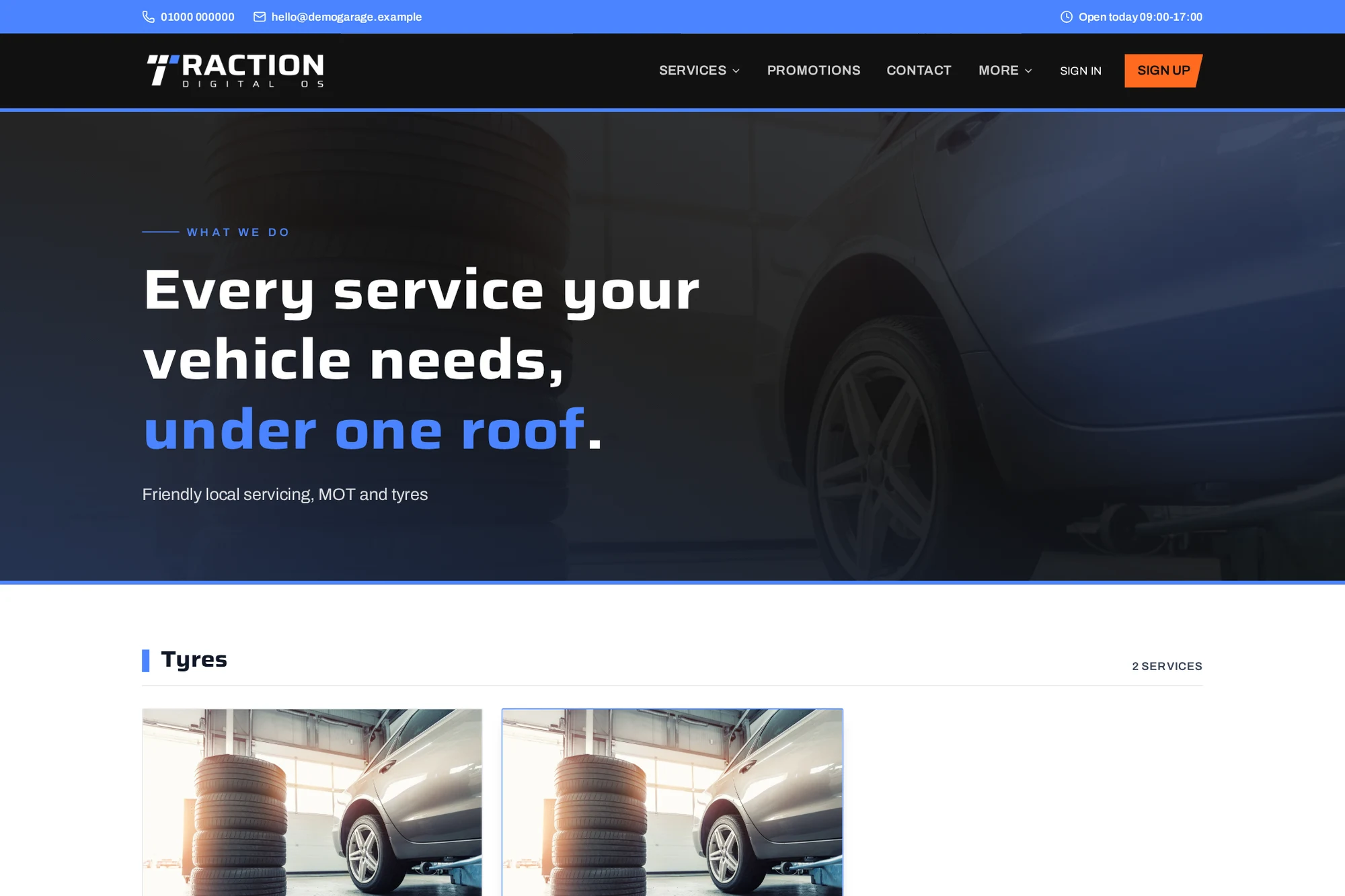 Demo garage service directory with MOT, servicing and tyre pages