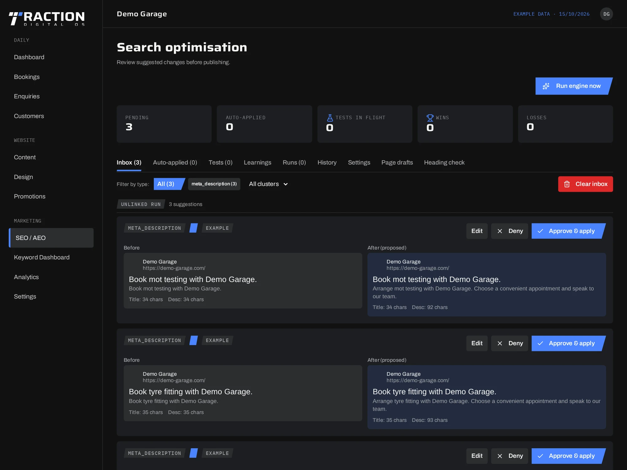 Traction demo search optimisation screen showing example page title suggestions