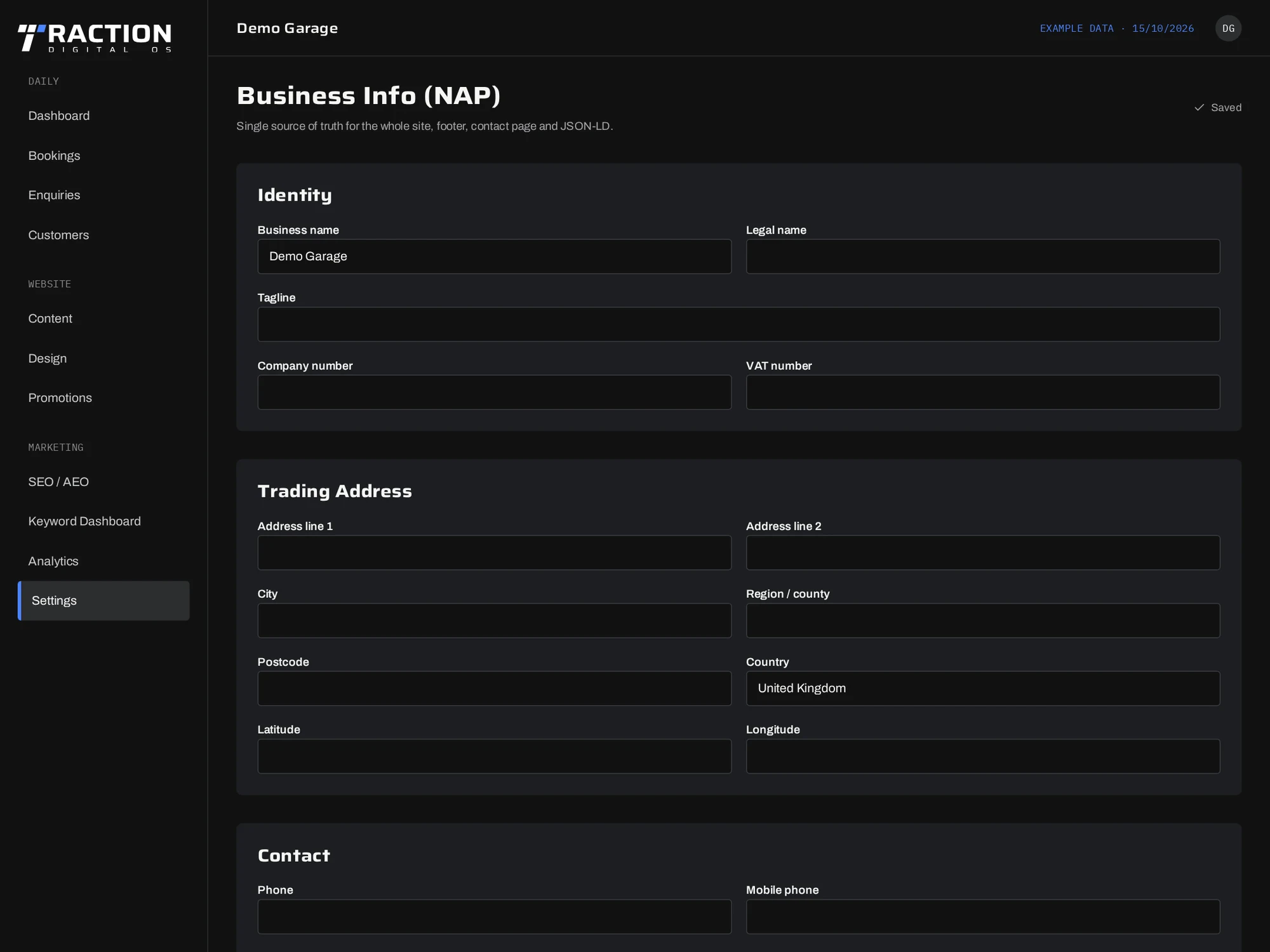 Traction demo garage business details settings screen
