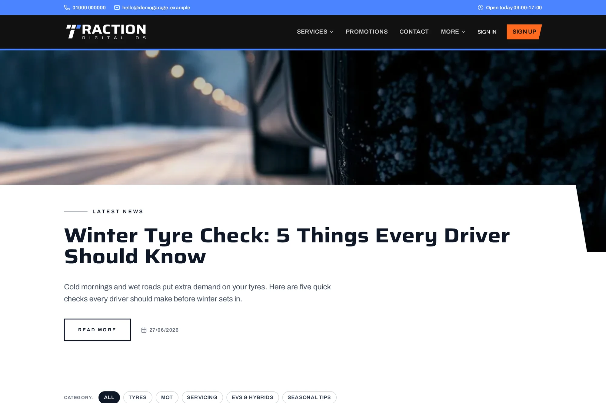 Actual demo garage news page with tyre and servicing articles