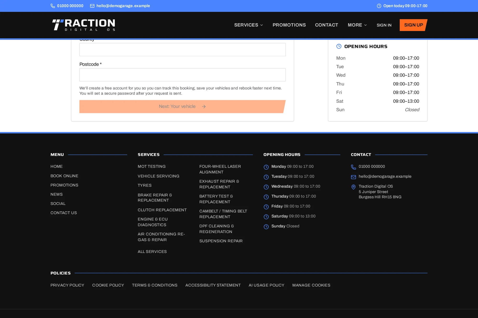 Demo MOT booking journey showing the customer details step