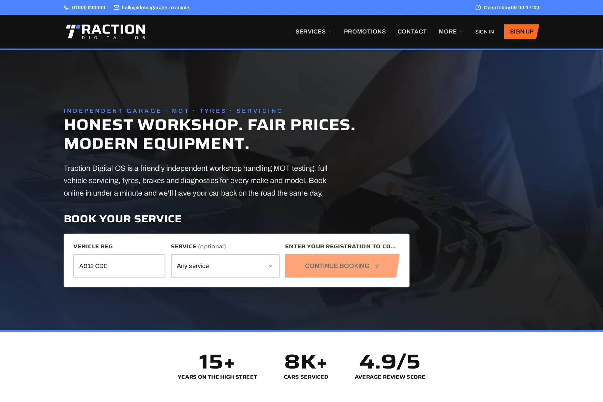 Actual demo garage homepage with workshop photography and registration booking form
