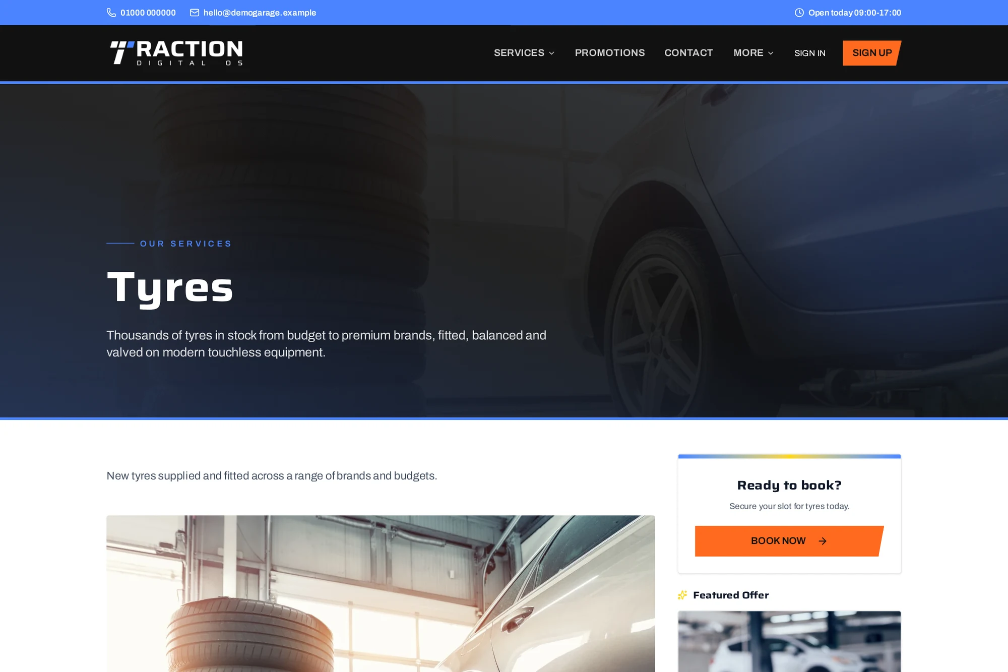 Actual demo garage tyre service page with an online booking link