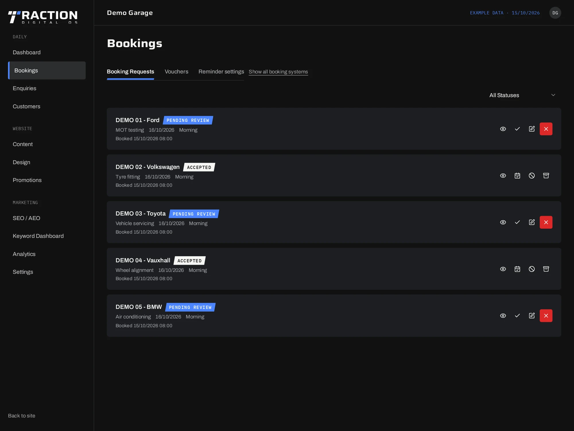 Traction demo garage booking screen with labelled sample MOT and tyre requests