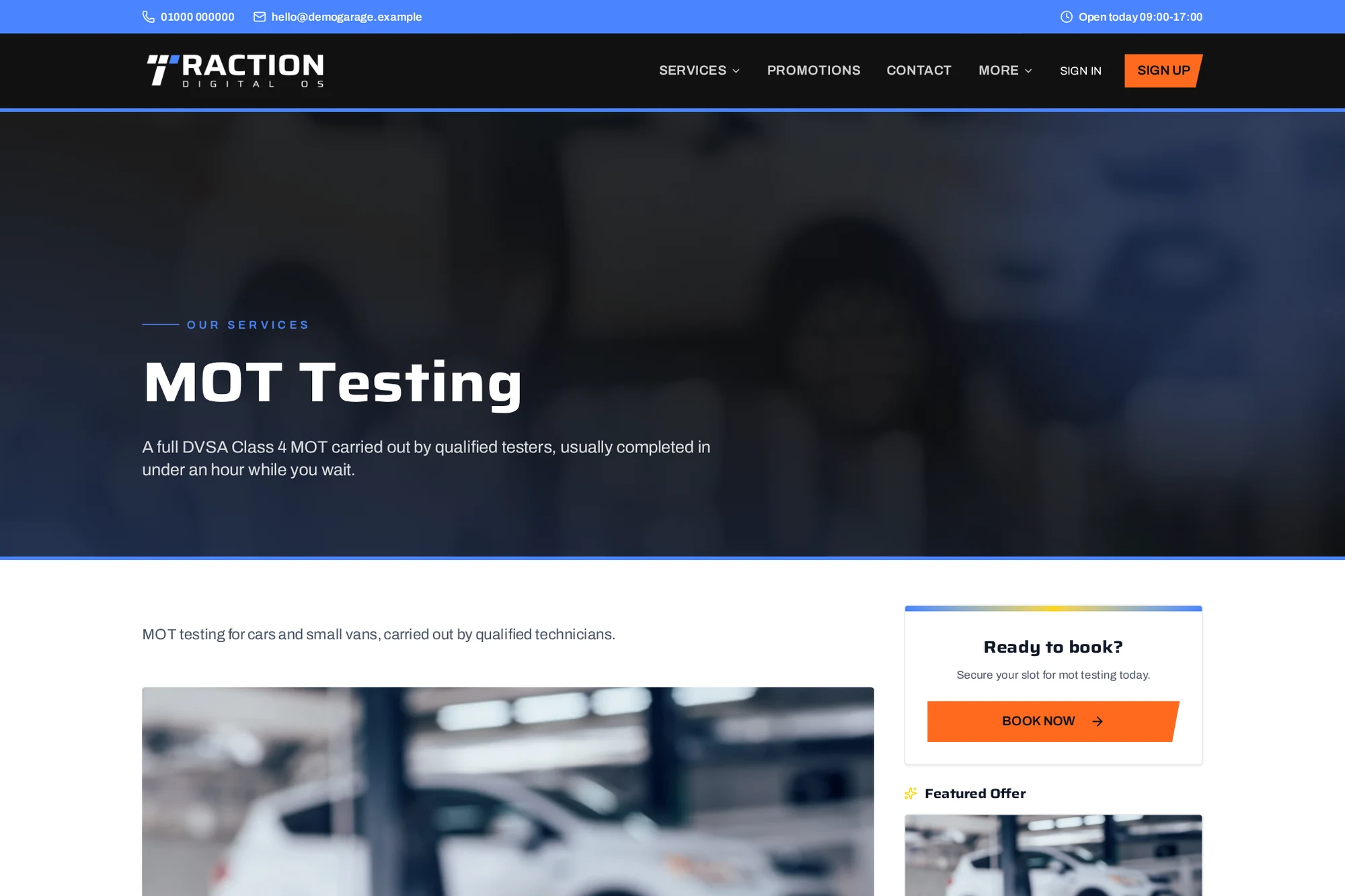Live demo MOT page showing service information and booking links